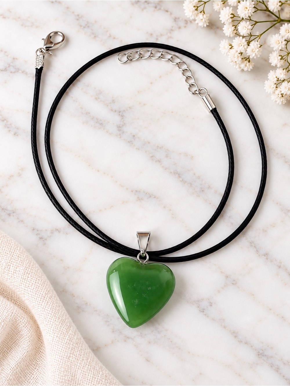 Green Heart Pendant Necklace on Black Cord
